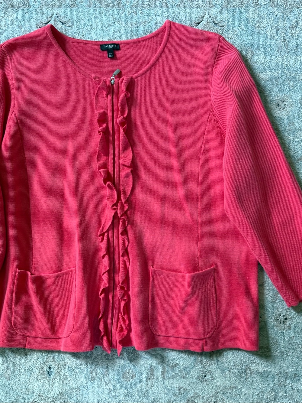 Talbots 2x sweater Coral pink Ruffle-Front Knit Cardigan